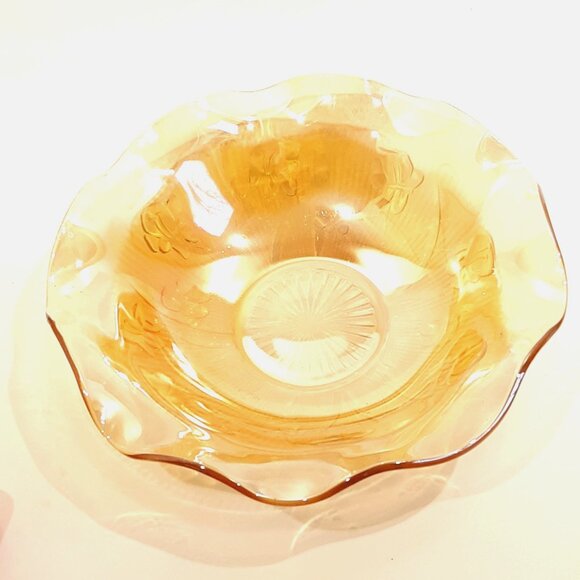 Jeanette Glass Iris & Herringbone Ruffled Edge Iridescent Depression Glass Bowl. - Picture 2 of 7
